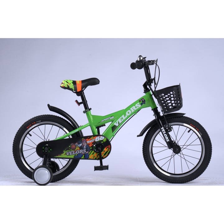 Детски планински велосипед с 14" колела, предни V-образни спирачки/задни барабанни спирачки, помощни колела, зелен, Велосипед Velors Baby Kids SPPED за възраст 3/5 години