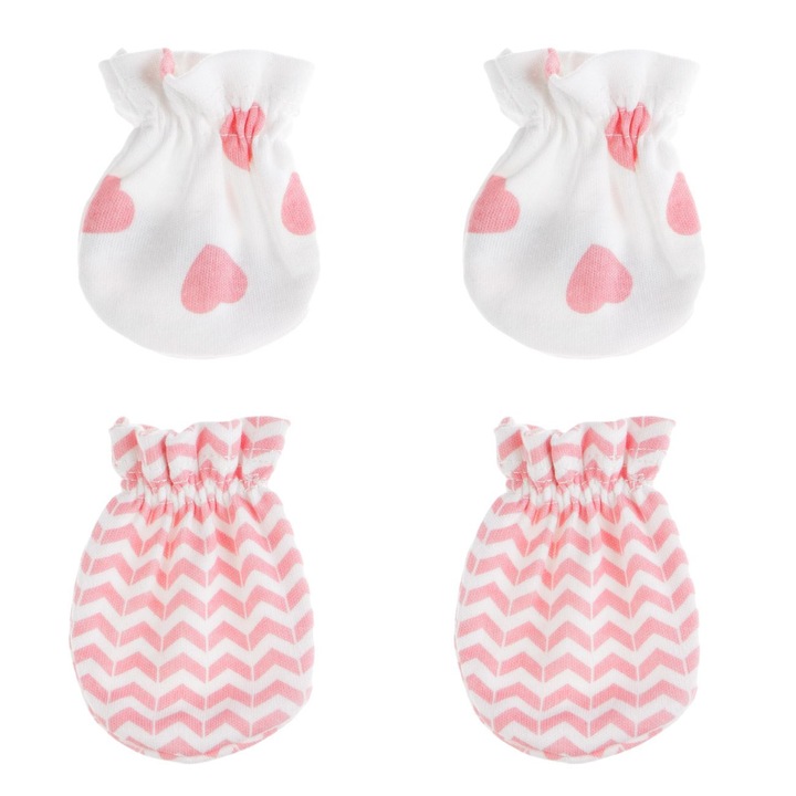 Set manusi bumbac albe cu inimi roz si zigzag pentru bebelusi