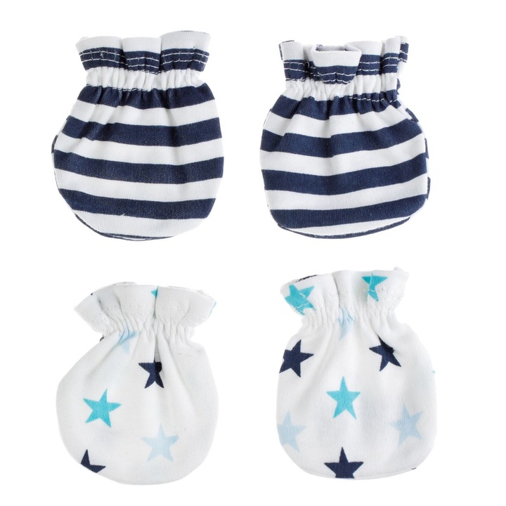 Mănuși din bumbac pentru copii, albe cu dungi albastre și bleu, set 2 perechi, multicolor