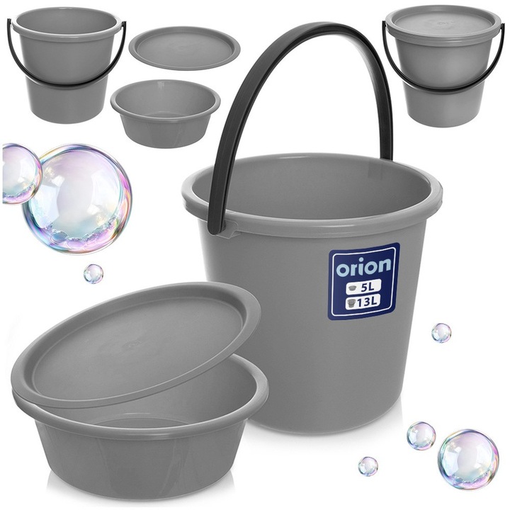 Set Galeata Cu Bol Si Capac, Orion, 30.5x28.5x30.5x10 cm, Rezistent Si Durabil, Utilizare Confortabila, Aplicatie Universala, Set Complet, Gri, 3 Bucati