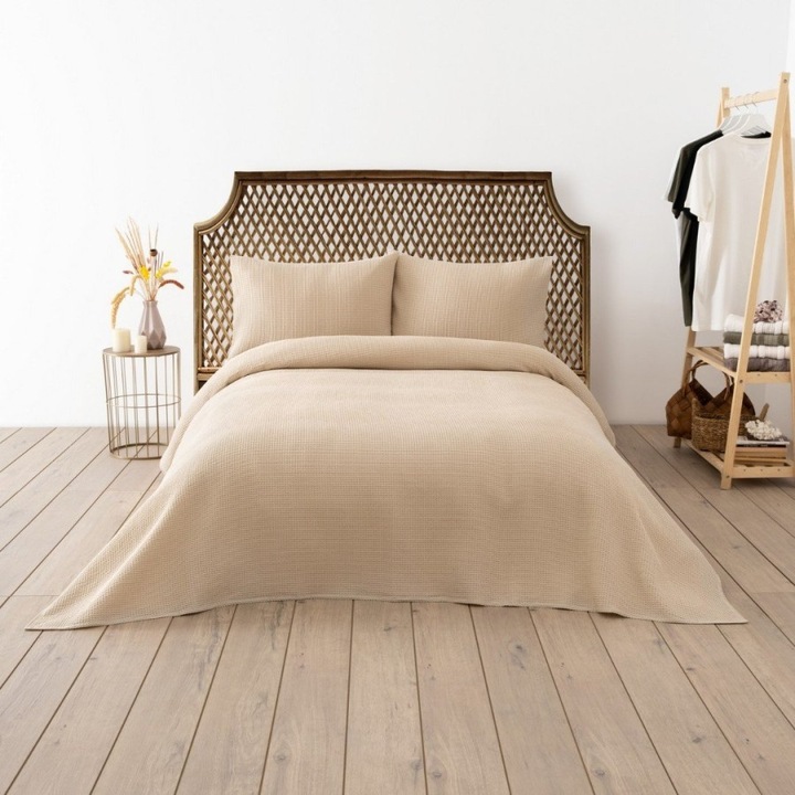 3 darabos paplanhuzat szett méhsejt mintázattal 200x220 cm és 2 db párnahuzat 50x70 cm, DC HOME, Waffle Beige