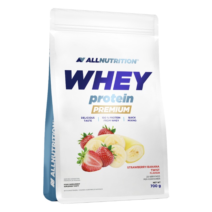 Proteine din zer ALLNUTRITION Whey Protein Premium 700g Capsuni-Banane, pudra proteica, fara zahar