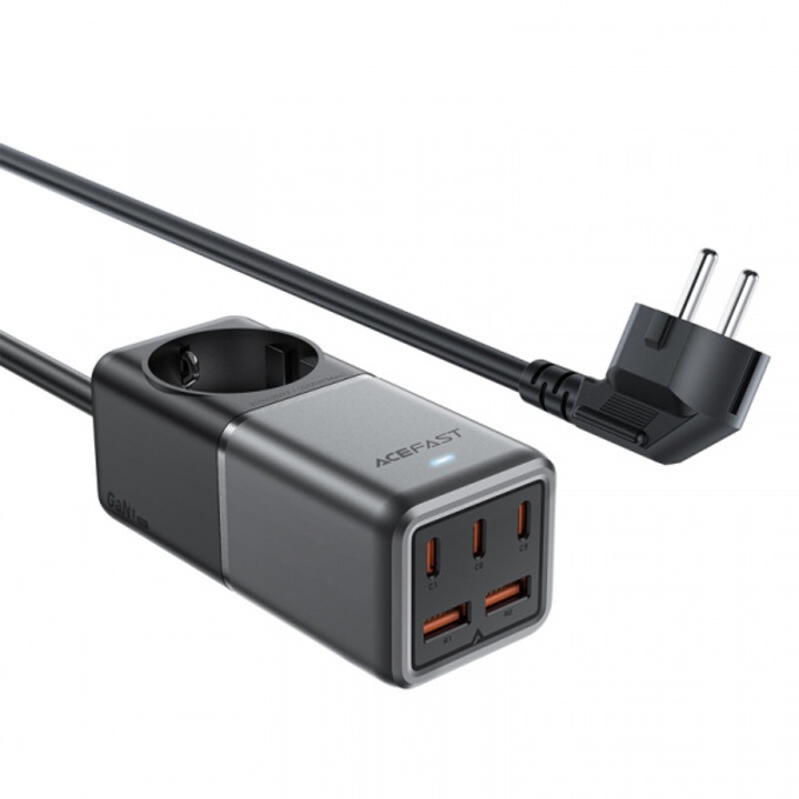 Acefast hosszabbító kábel, 75W, 5A, 2 USB-A port, 3 USB-C port, 1 Schuko, 1.5 M, szürke, ONSG