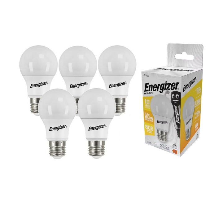 Set 5 becuri LED Energizer, E27, 8.2 W, 820 lm, 4000k, lumina neutra, clasa energetica F