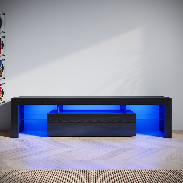 Comoda TV, SONNI, MDF, Cu iluminare LED, RGB, negru, 180 x 35 x 45 cm