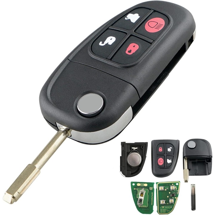 Programálható teljes autókulcs 433 MHz, 4 gombbal, 4D60 chip-pel, kompatibilis a Jaguar X-Type, S-Type, XJ, XJR, XK, XF modellekkel, FO21 elektronikával és pengével, FCCID: NHVWB1U241