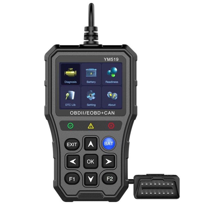 Techstar YM519 OBD2 автомобилен диагностичен тестер, нулиране на грешки, тест на батерията, сканиране на кодове за неизправности на двигателя, отчитане на параметри в реално време, 2.8" цветен екран, защита от пренапрежение, многоезичен