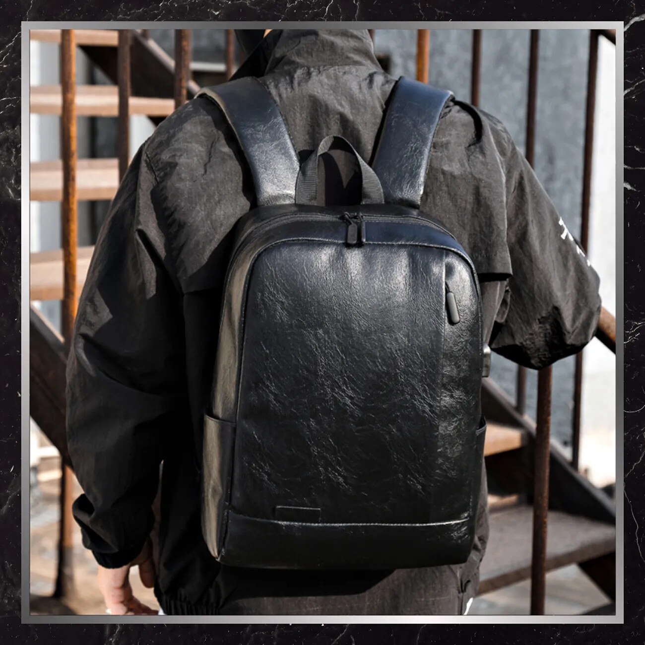 Rucsac negru de calatorie urban USB BAD&BAGS din piele impermeabil
