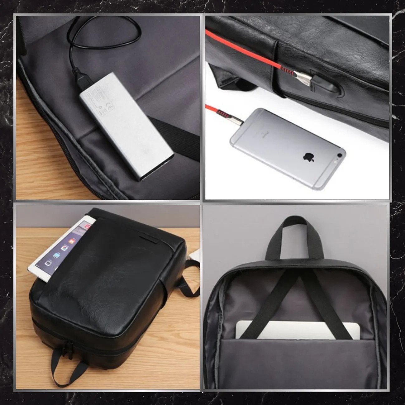 Rucsac negru de calatorie urban USB BAD&BAGS din piele impermeabil