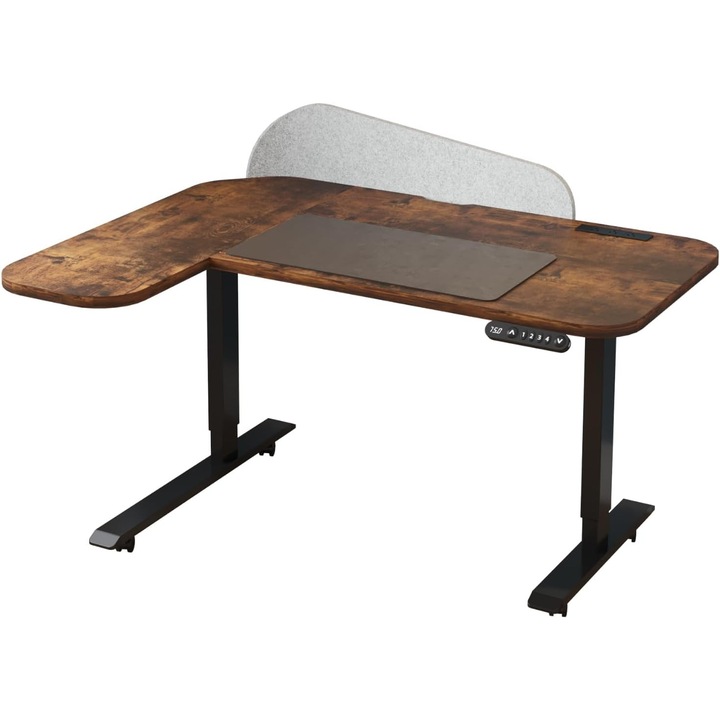 Birou electric in picioare in Forma de 150cm-L cu banda de Alimentare si ecran de Confidentialitate (gri), Statie de Lucru de 150cm, Suport mare pentru mouse si butoane de memorie 4-Preset, birou reglabil linistit pentru monitoare duble, Maro