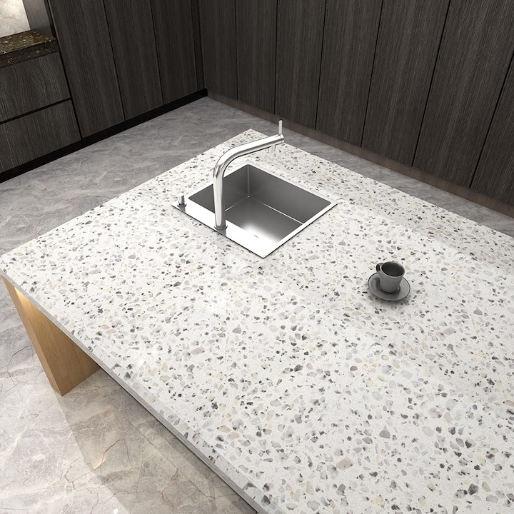 Tapet autoadeziv din PVC, model grani cu pietricele, rezistent la apa, adeziv puternic, usor de montat si de taiat, pentru blaturi bucatarie, mobilier, usi, pereti, 60 x 900 cm, gri / negru