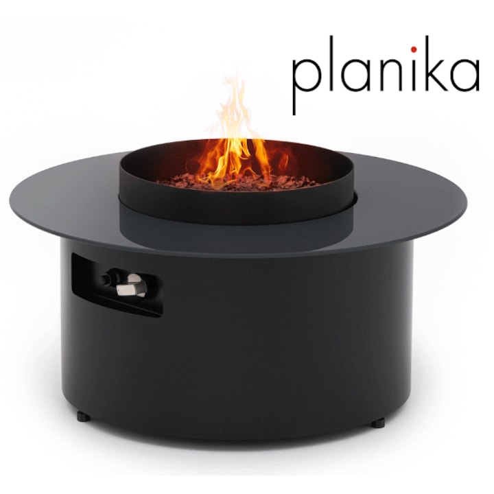 DOT gázkandalló / teraszfűtő, 66 x 35 x 66 cm, díszkövekkel, kerek asztallal, fedéllel, 0, 8 méteres gumi gázcsatlakozóval, nyomásszabályozóval (29 mbar), kerek felső lappal, fekete, 8 kW, főzőgrillel, dohányzóasztallal