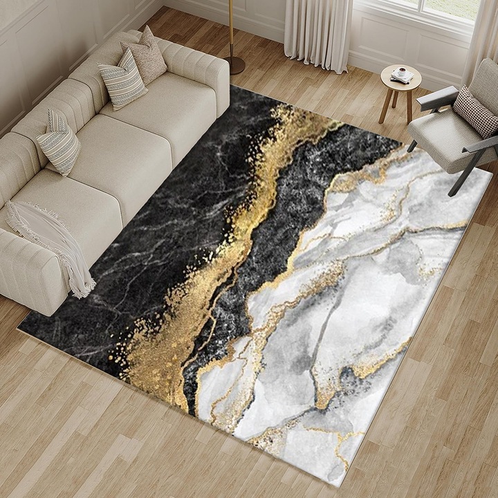 Covor, Caravaan®, Model marmurat, Pentru Living/Hol/Bucatarie, Spate antiderapant, Rezistenta La Pete, Lavabil, Dreptunghi, Poliester, 140x200cm, Negru/Alb/Auriu