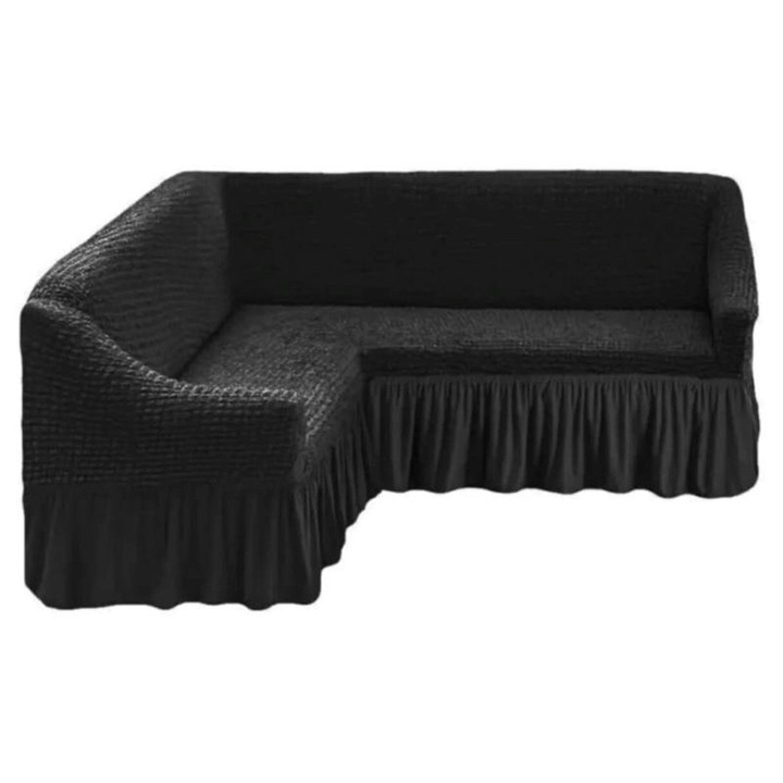 Husa coltar, Creponat cu Volanase, Poliester cu Licra, 240x180cm, Gri Inchis