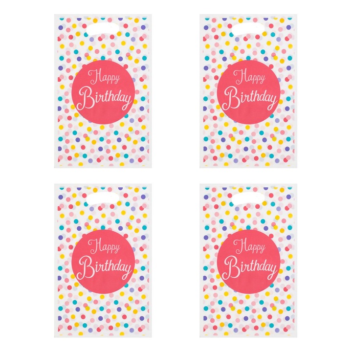 Set pungi cadou din plastic alb roz cu buline "happy birthday" 16x25cm - 4buc