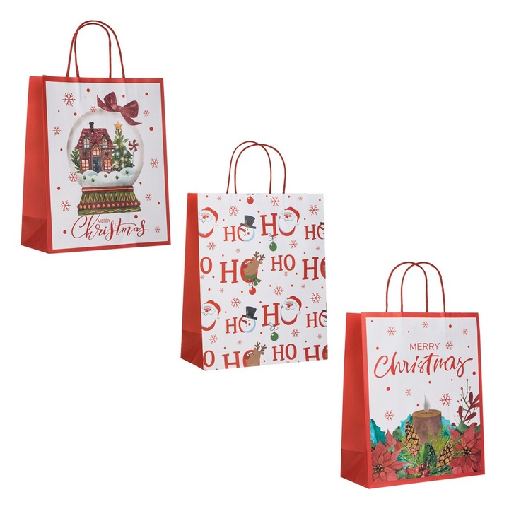 Sacose cadou kraft cu modele de craciun 26x12x32cm - 3buc