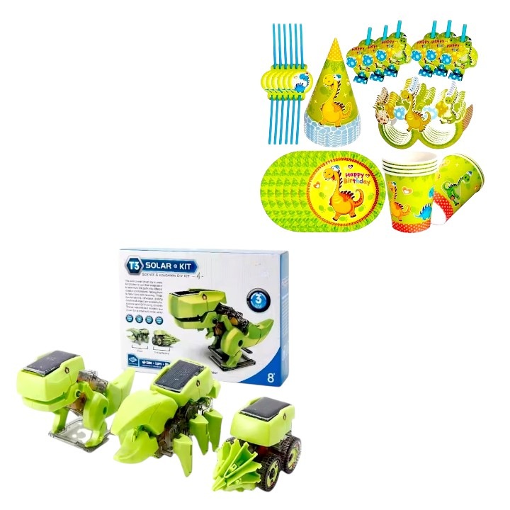 Комплект за роботика Hooppie, 3 варианта на конструиране, соларен, 8+ години, с детски парти комплект, 6 вида - чинии 18 см / чаши 220 мл / каски / очила / духалки / сламки -, 36 части, зелен, многоцветен, картон