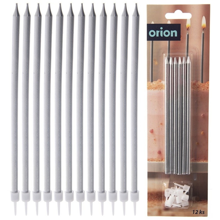 Set Lumanari Pentru Tort, Orion, 14.5 cm, Lungime: 14.5 cm, Material: Ceara, Culoare: Argintie, Suporturi Stabile Incluse, 12 Bucati