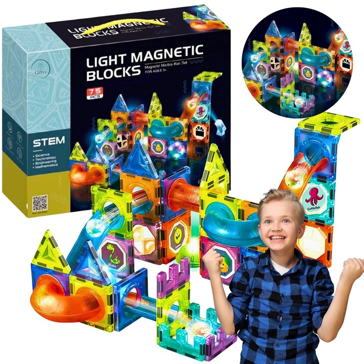 Giftry® 75 darabos mágneses építőkészlet – Világító labdapálya, ABS kockák, STEM oktatási, matricák, ajándék 3+ éves gyerekeknek