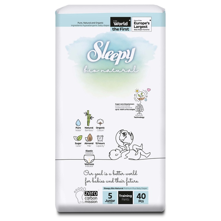 Scutece-chilotel pentru bebelusi Sleepy BIO NATURAL DOUBLE- marime 5 Junior, 11-18kg, 40 bucati
