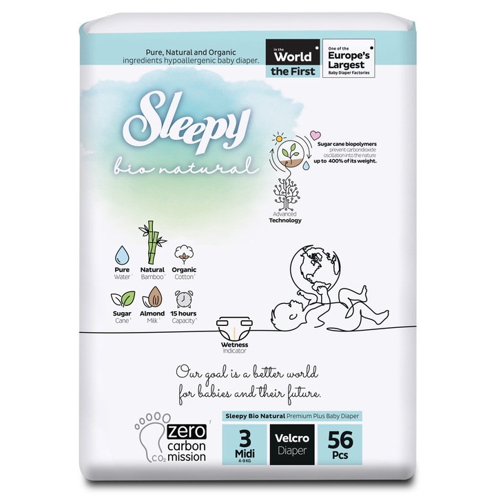 Scutece pentru bebelusi Sleepy BIO NATURAL DOUBLE- marime 3 Midi, 4-9kg, 56 bucati