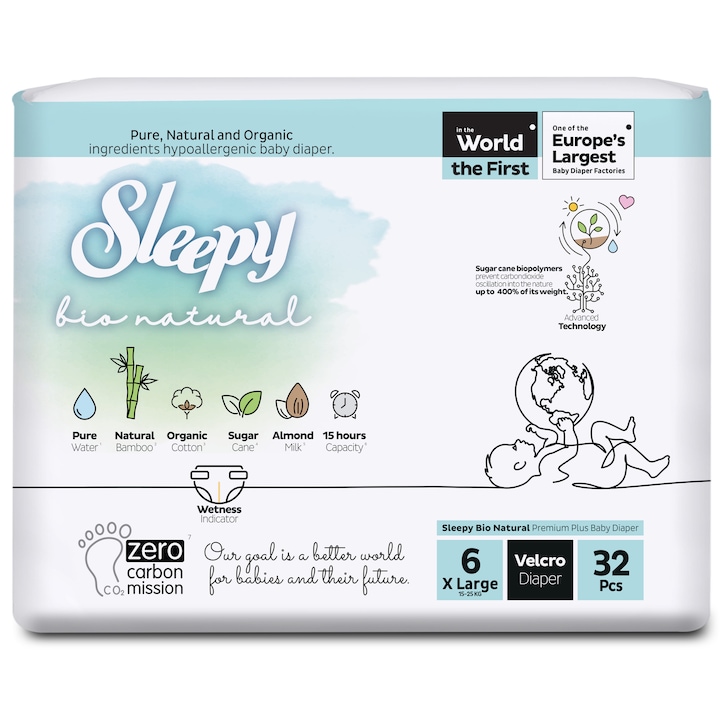 Scutece pentru bebelusi Sleepy BIO NATURAL DOUBLE- marime 6XLarge, 15-25kg, 32 bucati