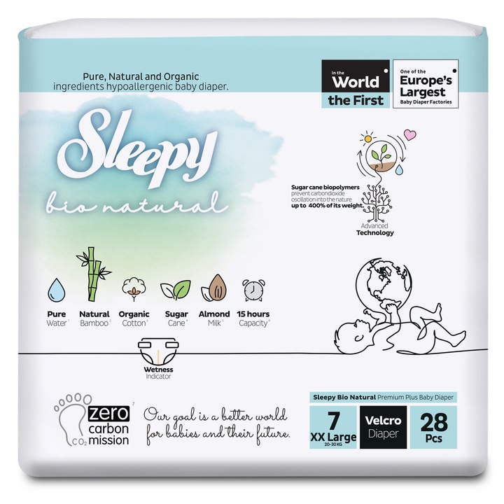 Scutece pentru bebelusi Sleepy BIO NATURAL DOUBLE- marime 7XXLARGE, 20-30kg, 28 bucati