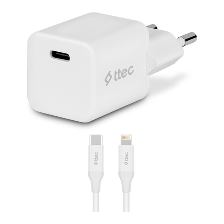 Адаптер ttec, SmartCharger, 220V, 20W, PD, Travel Fast Charger, USB-C - Lightning Cable 150cm, Бял