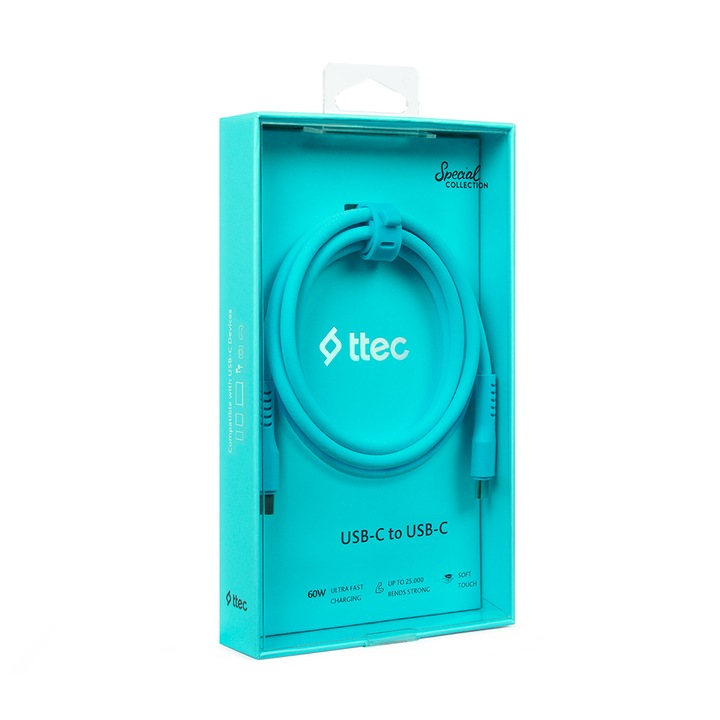 Data кабел ttec, USB-C - USB-C, 60W, PD, QC, Fast Charging, 120cm, Neon Blue