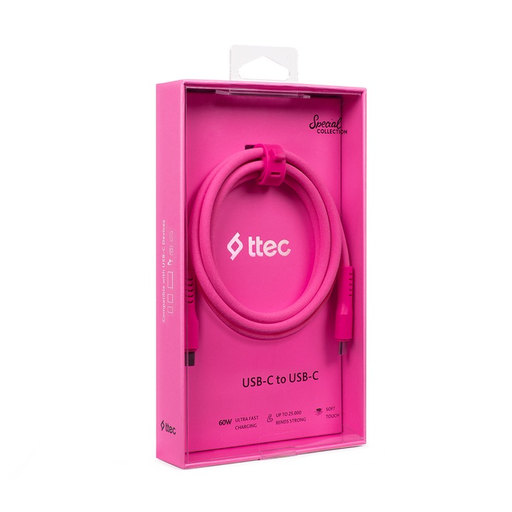 Cablu de date ttec, USB-C - USB-C, 60W, PD, QC, Incarcare rapida, 120cm, Roz neon