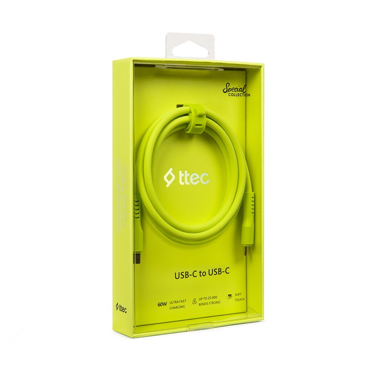 Data кабел ttec, USB-C - USB-C, 60W, PD, QC, Fast Charging, 120cm, Neon Yellow
