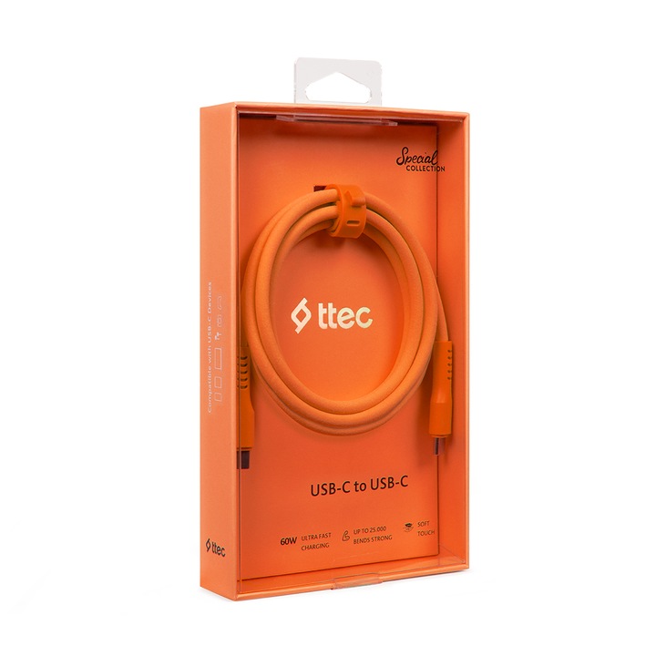 Cablu de date ttec, USB-C - USB-C, 60W, PD, QC, Incarcare rapida, 120cm, Portocaliu neon