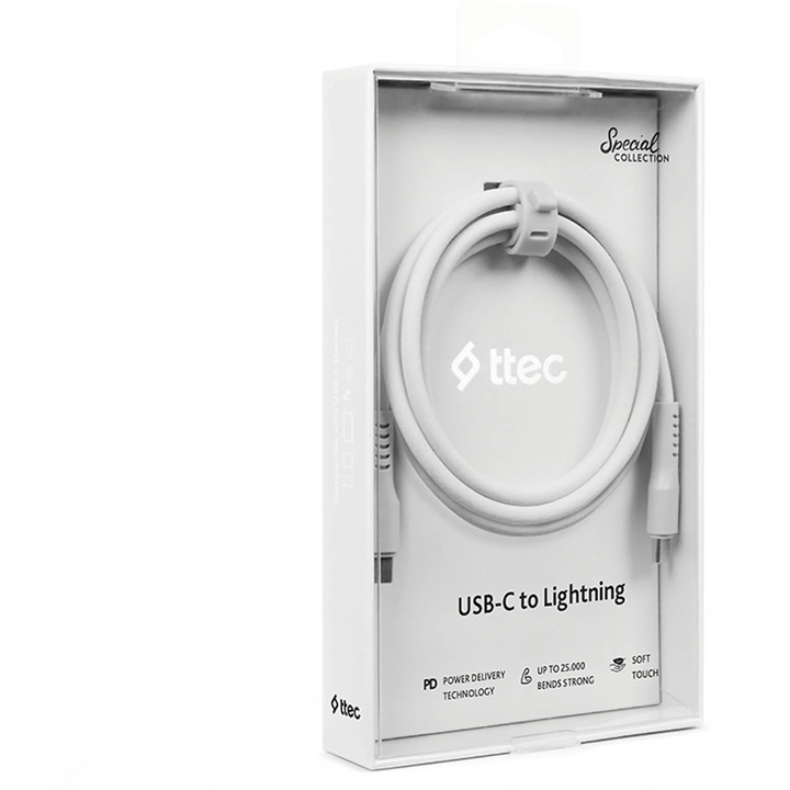 Data кабел ttec, USB-C - USB-C, 60W, PD, QC, Fast Charging, 120cm, Бял