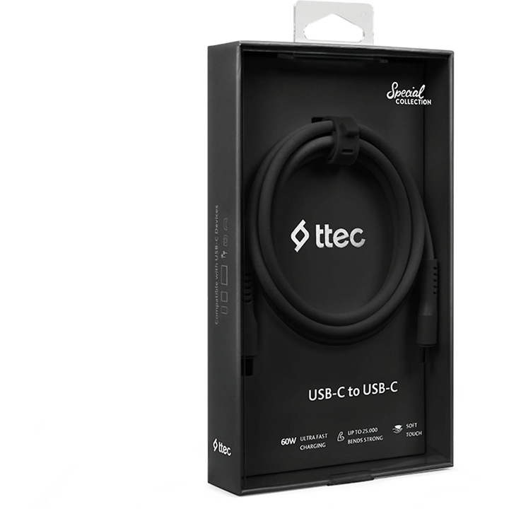 Cablu de date ttec, USB-C - USB-C, 60W, PD, QC, Incarcare rapida, 120cm, Negru