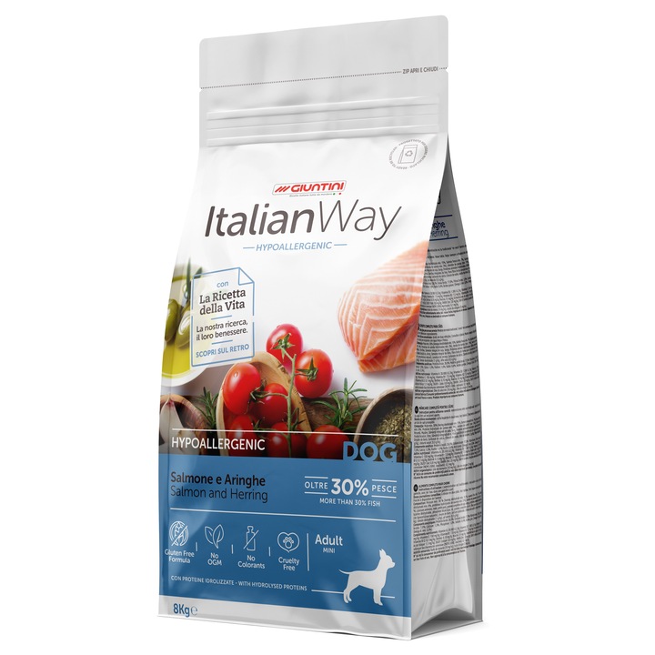 Суха храна за кучета Italian Way, Mini & Small Adult, Хипоалергенна, Прясна сьомга и херинга, 8 кг