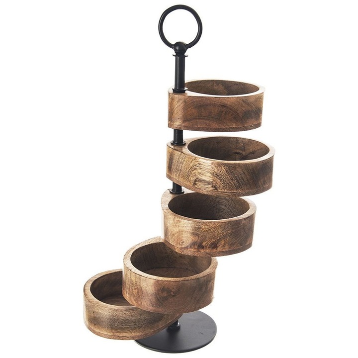 Patera 5 niveluri, Artemis, din lemn de mango, 44,5cm, culoare maro, cu 5 boluri mobile