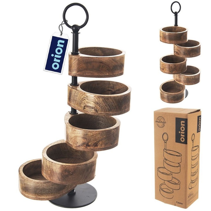 Platou Din Lemn Cu 5 Niveluri, Orion, 44.5x14x12.5x5 cm, Fabricat Din Lemn Exotic De Mango, Parte De Fixare Si Manere Din Metal, Pad Anti-Derapant, 5 Boluri Mobile, Negru