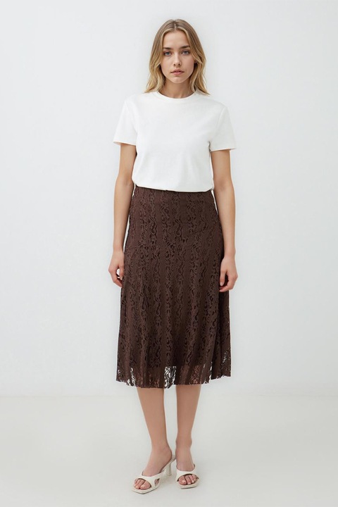 JIMMY KEY, Fusta midi evazata din dantela, Maro inchis, M