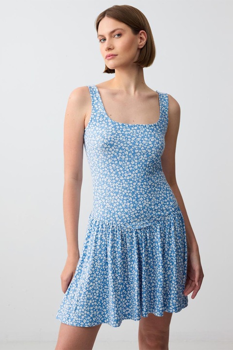JIMMY KEY, Rochie mini cu model floral si decolteu patrat, Alb/Albastru deschis
