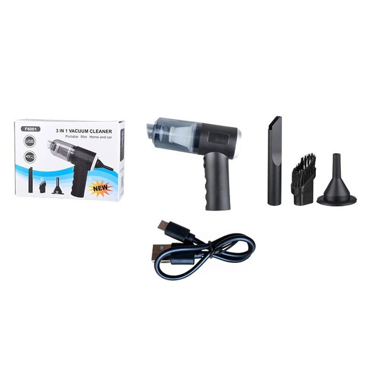 Aspirator auto portabil, 120W, putere de aspiratie puternica, design mini, accesorii multifunctionale, USB, set complet