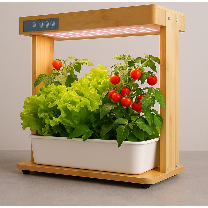 Комплект хидропонни саксии LEBLOU IGS-05 с пълноспектърно LED осветление, смарт таймер (12/14/16 часа), кислородна помпа, 8 отвора за растения, плодове и билки – бамбукова рамка, пълен комплект, 100 светодиода, 24W, 39x38x22 см