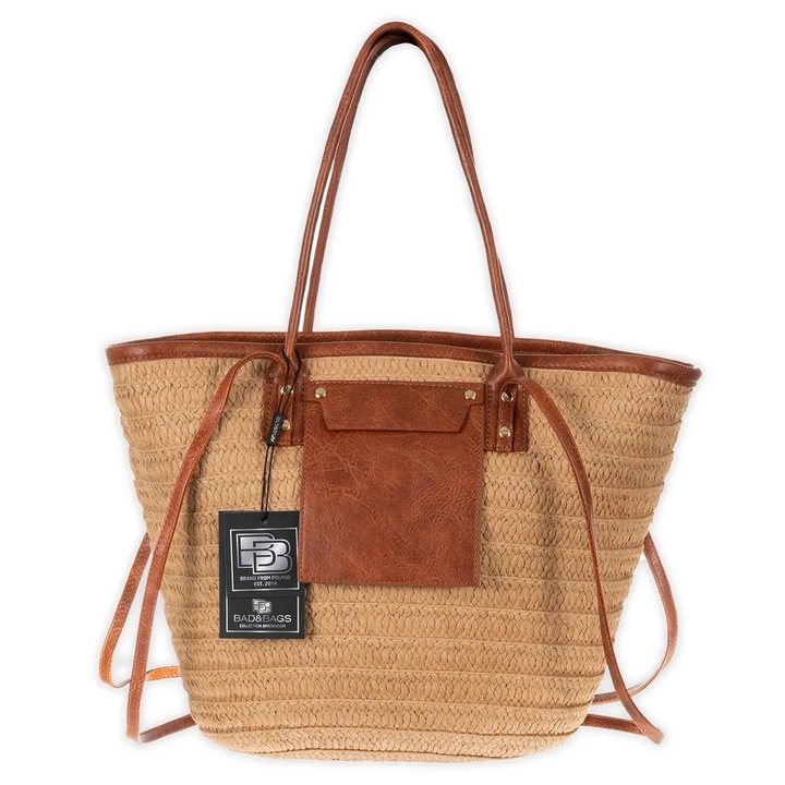 Geanta de paie Bad&Bags pentru femei, mare, de umar, eleganta, stil natural, pentru vara si plaja, accesorii premium, culoare bej cu detalii maro, incapatoare si functionala, ideala pentru vacanta si oras