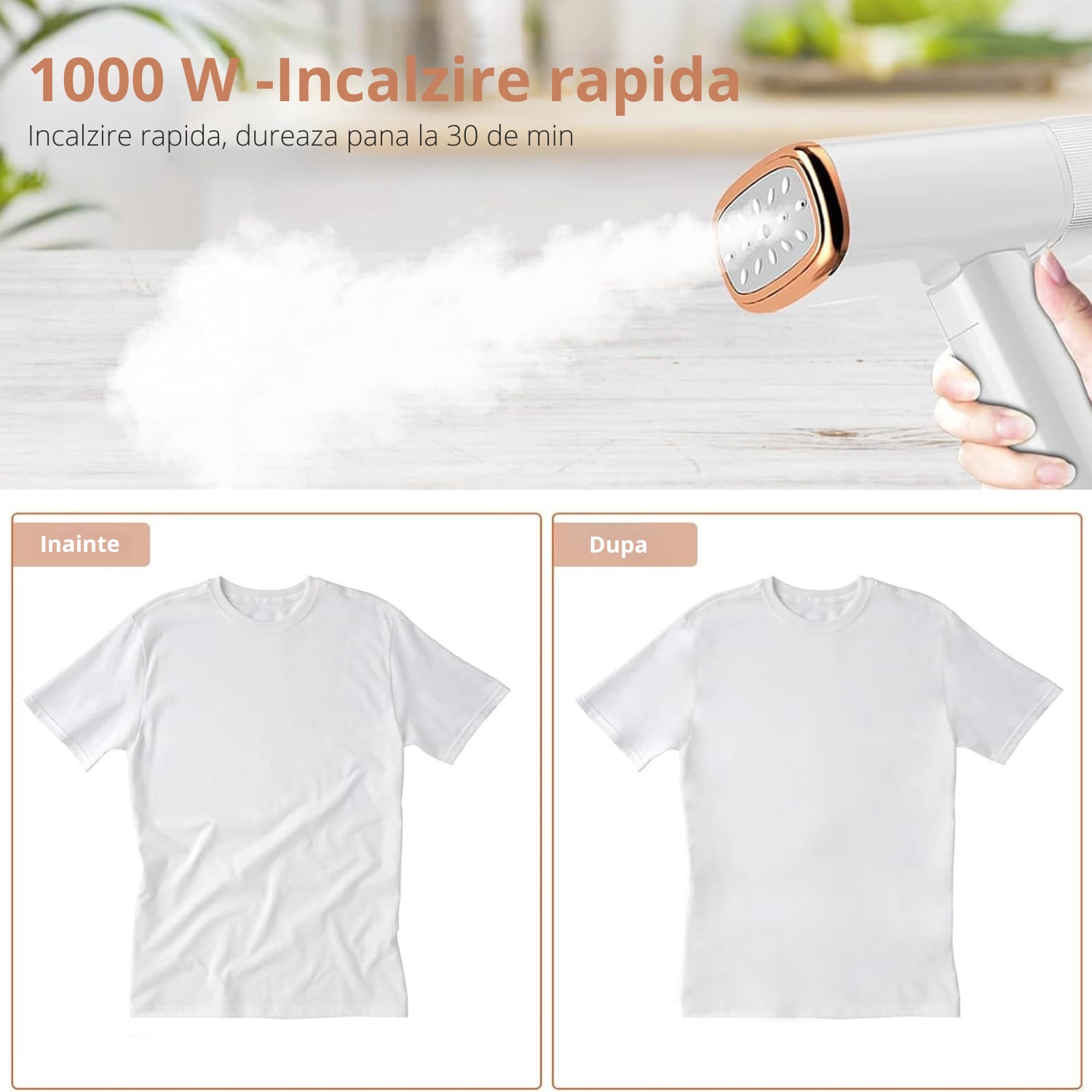 Aparat de calcat, mini, portabil, Zentara, putere 1000W, cu abur vertical si orizontal, incalzire rapida 20 secunde, rezervor detasabil 110ml, siguranta anti-picurare, pentru toate tipurile de tesaturi, alb