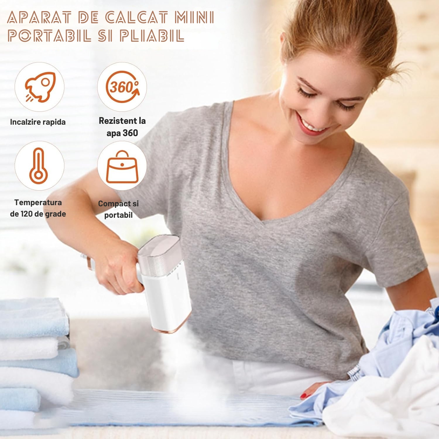 Aparat de calcat, mini, portabil, Zentara, putere 1000W, cu abur vertical si orizontal, incalzire rapida 20 secunde, rezervor detasabil 110ml, siguranta anti-picurare, pentru toate tipurile de tesaturi, alb