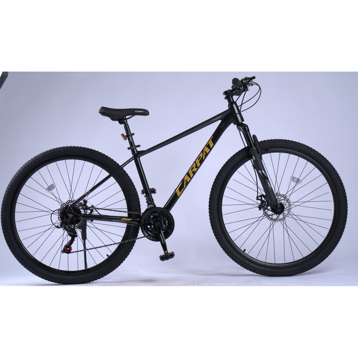 MTB kerékpár 29"-os kerekekkel, Shimano/Sunrun felszereléssel, 21 sebességgel, szekvenciális karokkal, fekete/sárga, Carpat Tanker Genius hegyi kerékpár tárcsafékekkel, alumínium vázzal és integrált bowdenekkel