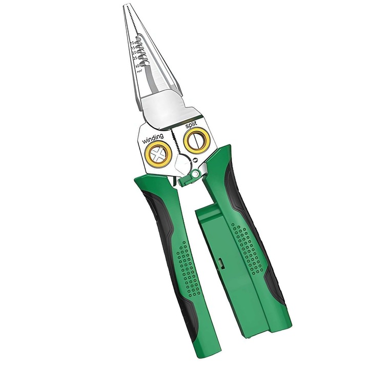 Rozsdamentes acél kábelcsupaszító fogó, multifunkcionális, mérőceruzával, hang- és fényjelzéssel, YQLAFT, zöld/ezüst, 8 az 1-ben