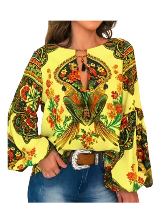 Bluza boho chic tip ie cu maneci largi si imprimeu exotic marime 4XL