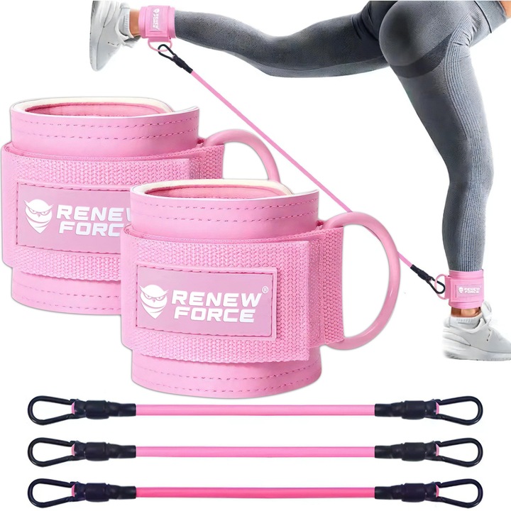 Комплект ластици за глезени RENEW FORCE®, комплект за разгъване на крака и седалище, 3 нива на съпротивление, латексов материал, регулируем, за фитнес, неопрен, удобен, съвместим с фитнес уреди, розов HOLD-4-PINK