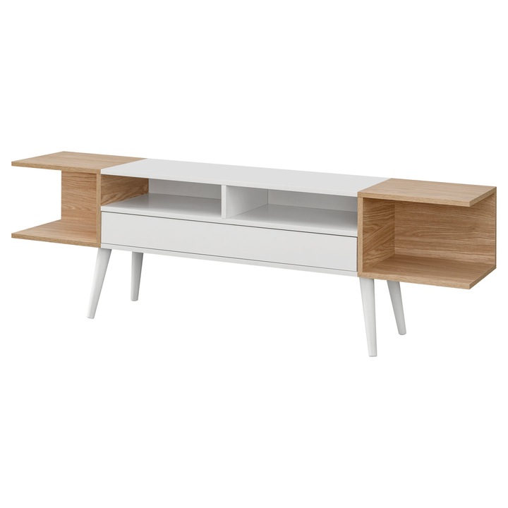 Comoda TV Forio, komodee, alb stejar, cu usi si 6 compartimente, 160x35x52 cm, pentru living, sufragerie si dormitor