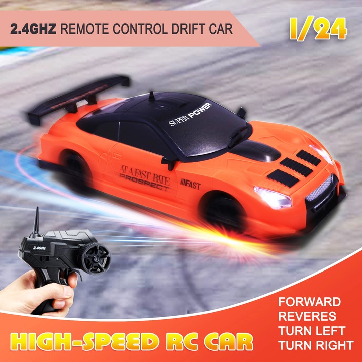 Състезателна количка, 4x4 LYCENXI 1:24 RC, висока скорост, оранжева, с LED светлини, комплект с 4 състезателни колела и 4 дрифт колела